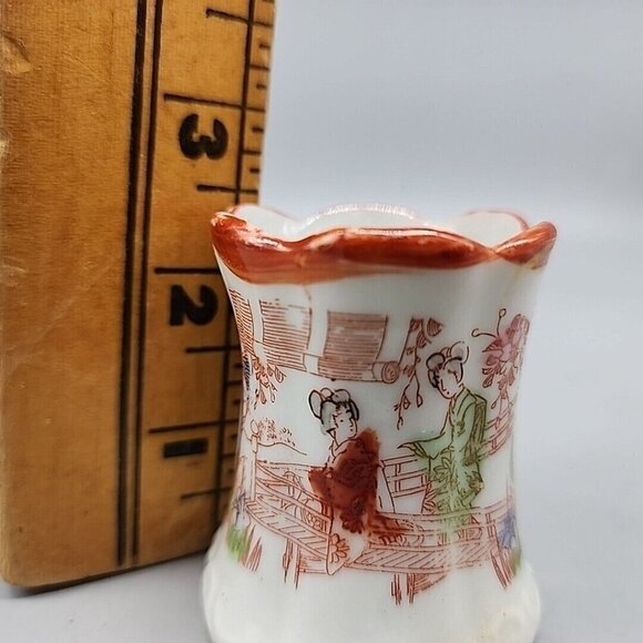 Toothpick Holder Decorated With Japanese Geisha Scene Porcelain 2.5" - Picture 7 of 7